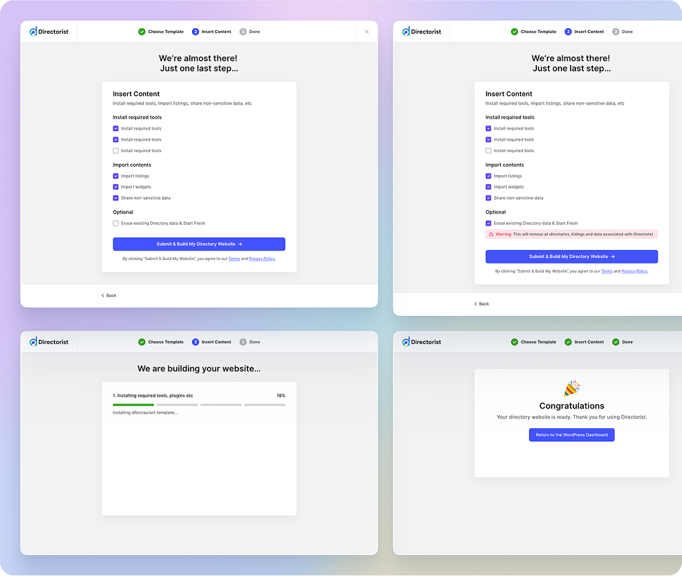 Directorist theme setup wizard template screens